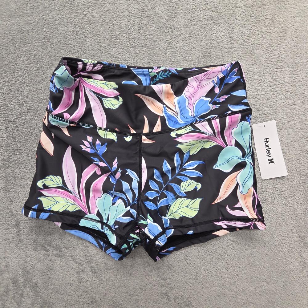 Hurley Swim Shorts Womens M Black Floral Lined Stretch Polyester Swim Bottoms